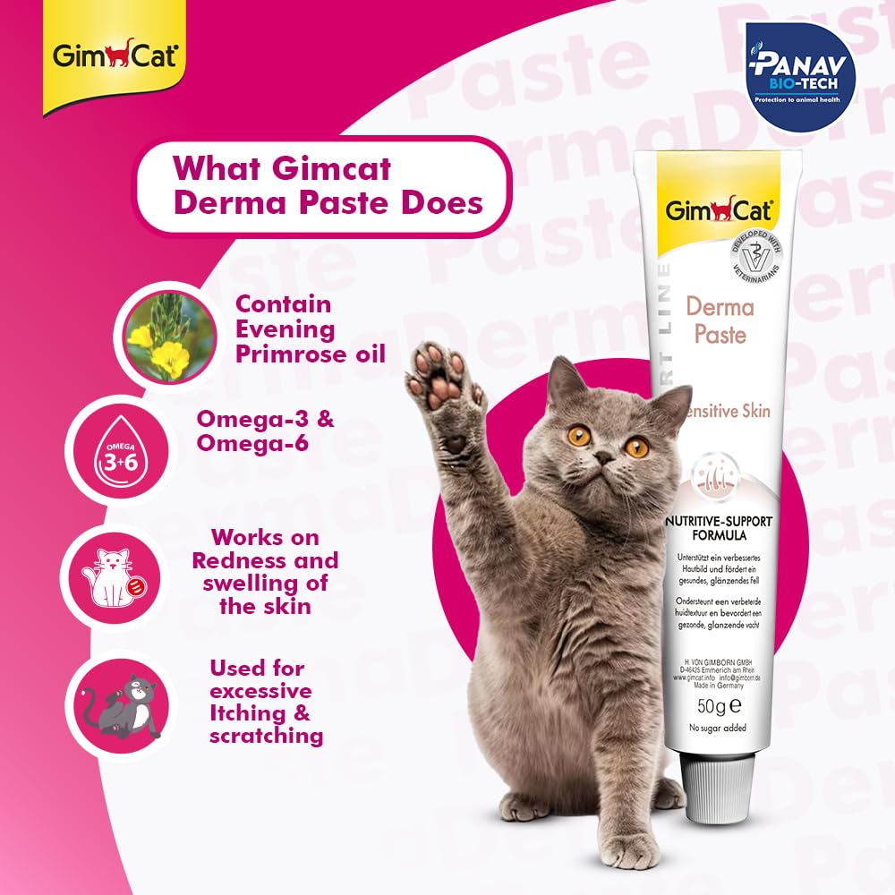 Gimcat Derma Paste packaging with a cat and product details on a pink background