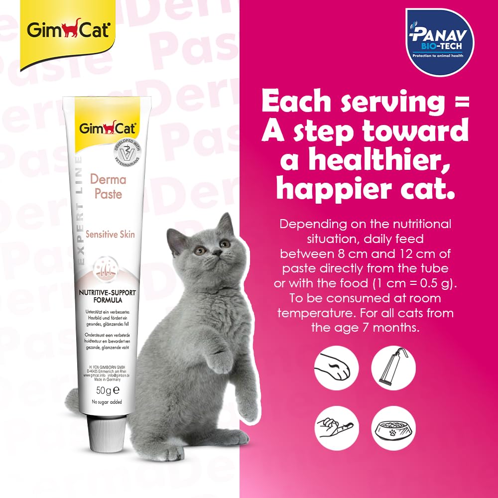 GimCat Derma Paste with a cat and promotional text on a pink background