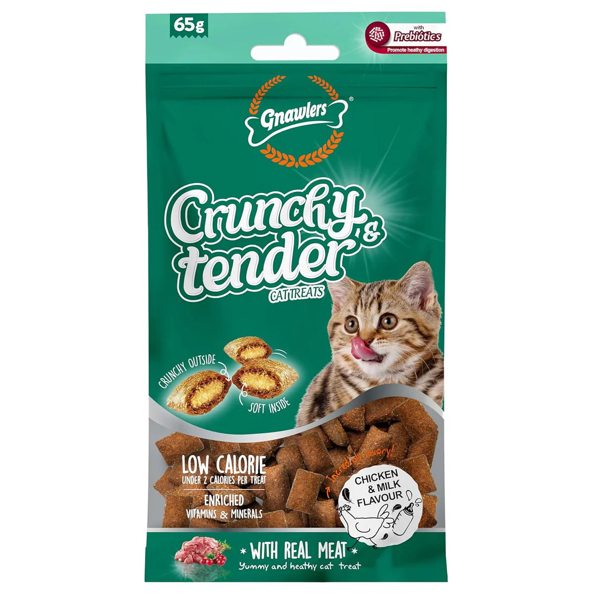 Gnawlers Crunchy & Tender Cat Treats 65g - Tasty Chicken & Milk Flavour.