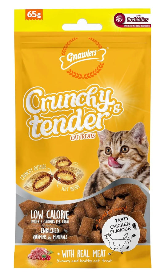 Gnawlers Crunchy & Tender Soft Cat Treats for All Life Stages, Tasty Chicken, 65 g.