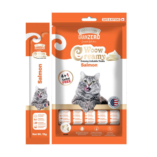 Signature Grain Zero Woow Creamy Salmon Lickable Treats for Cat & Kitten – 75 g.