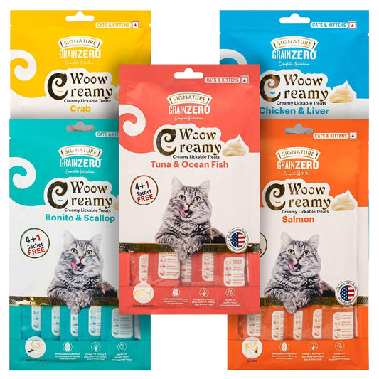 Grain Zero Woow Lickable Treats Combo for Cats & Kittens – Tuna, Chicken, Salmon & Crab – 75 gm Each.