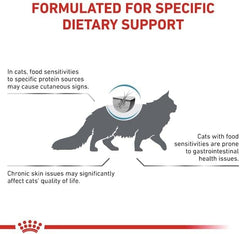 Cat with text about food sensitivities and dietary support on a white background