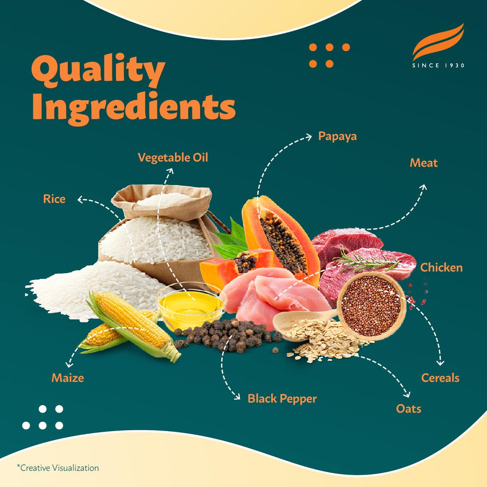 Quality ingredients including rice, papaya, meat, and others on a green background with brand logo.
