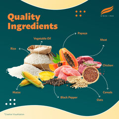 Quality ingredients including rice, papaya, meat, and others on a green background with brand logo.
