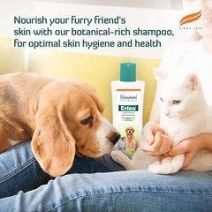 Dog and cat with a bottle of Himalaya Erina shampoo on a couch, promoting botanical-rich shampoo for pets.