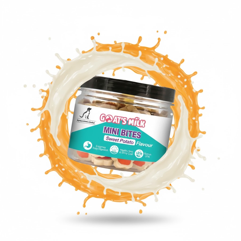 Jar of Goat's Milk Mini Bites Sweet Potato Flavour with orange and white splashes on a white background