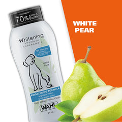 Wahl Whitening Shampoo Concentrate bottle with white pear graphics on an orange background