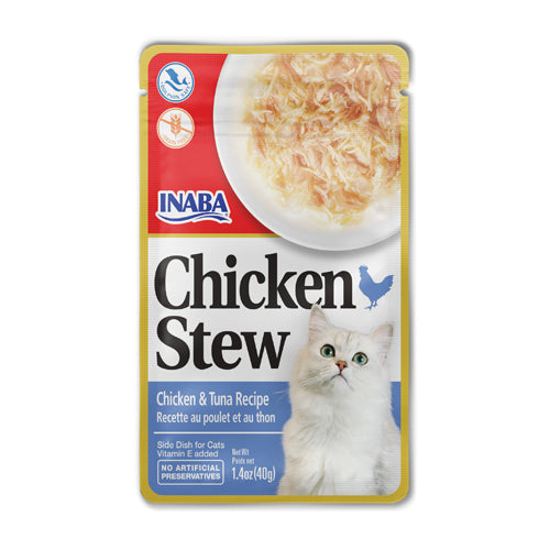 Inaba Chicken Stew cat food package with a cat illustration on a white background