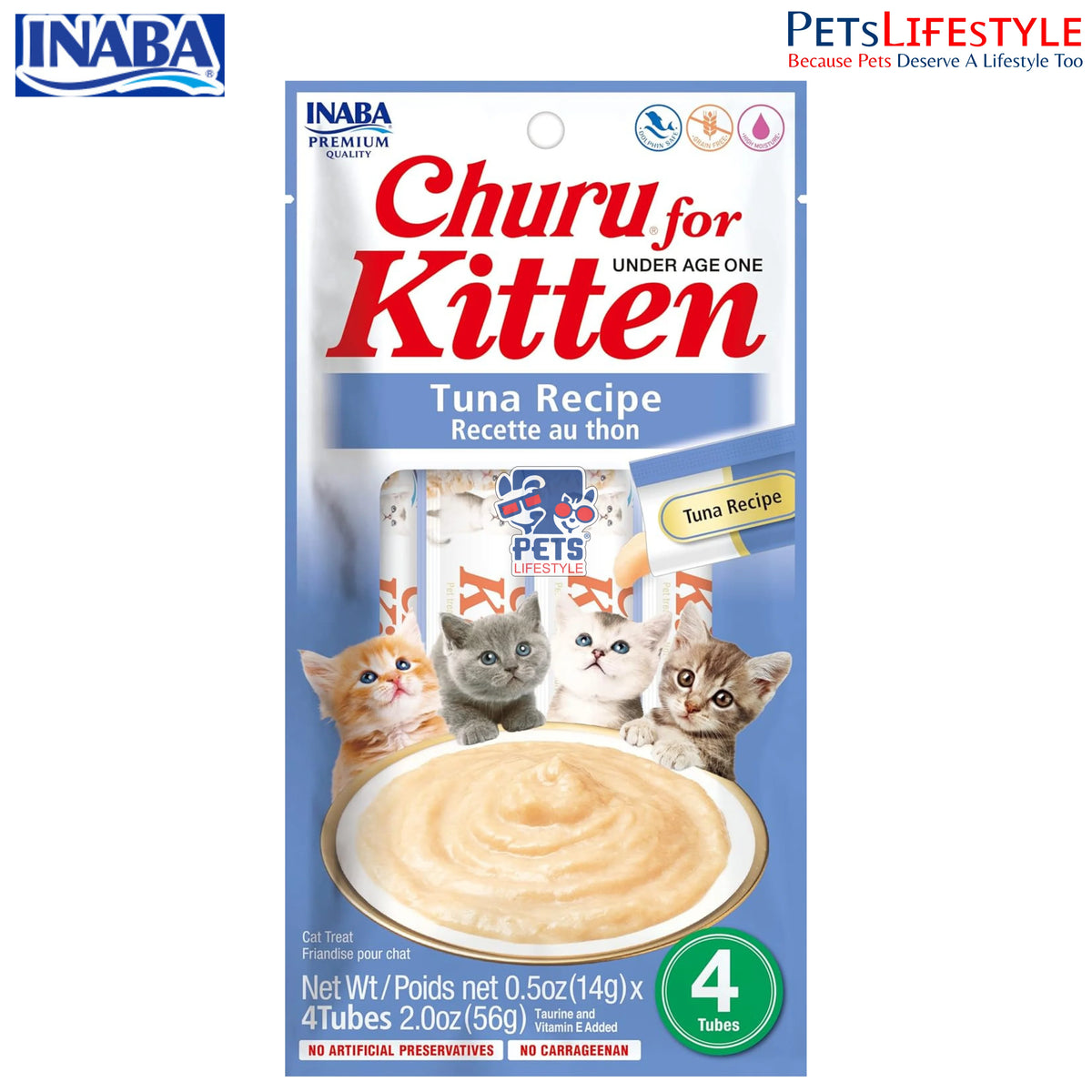 INABA Churu for Kitten Tuna Recipe packaging on a white background