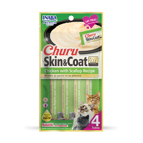 Packaging of Churu Skin & Coat cat treats with chicken and scallop recipe on a white background.