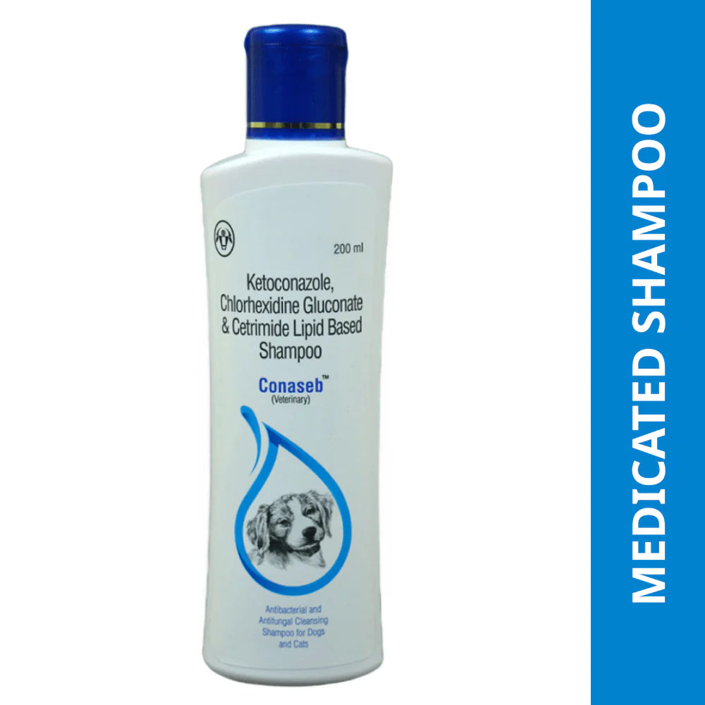 Medicated shampoo bottle for dogs with blue and white design on a white background
