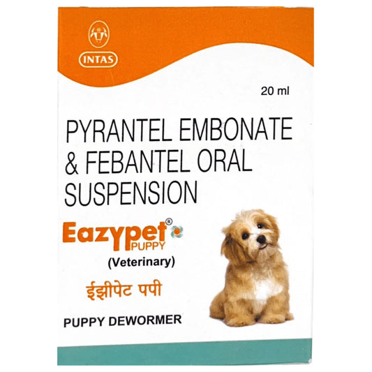 Eazypet Puppy dewormer packaging with a dog illustration on a white background