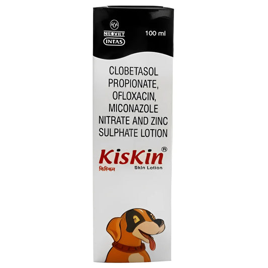 Kiskin skin lotion packaging with a dog illustration on a white background