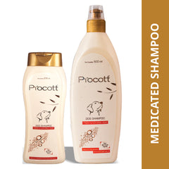 Two bottles of Procott dog shampoo on a white background with 'Medicated Shampoo' text on a brown sidebar.