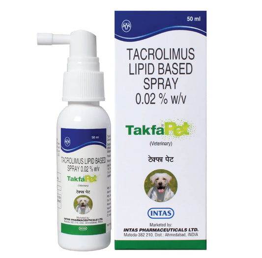 Tacrolimus lipid-based spray bottle and packaging with TakfaPat branding on a white background