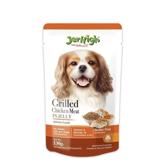 A pouch of Jerhigh Grilled Chicken Meat in Jelly Dog Wet Food with an image of a dog on the packaging.