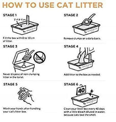 Step-by-step guide on how to use cat litter with illustrations and text.