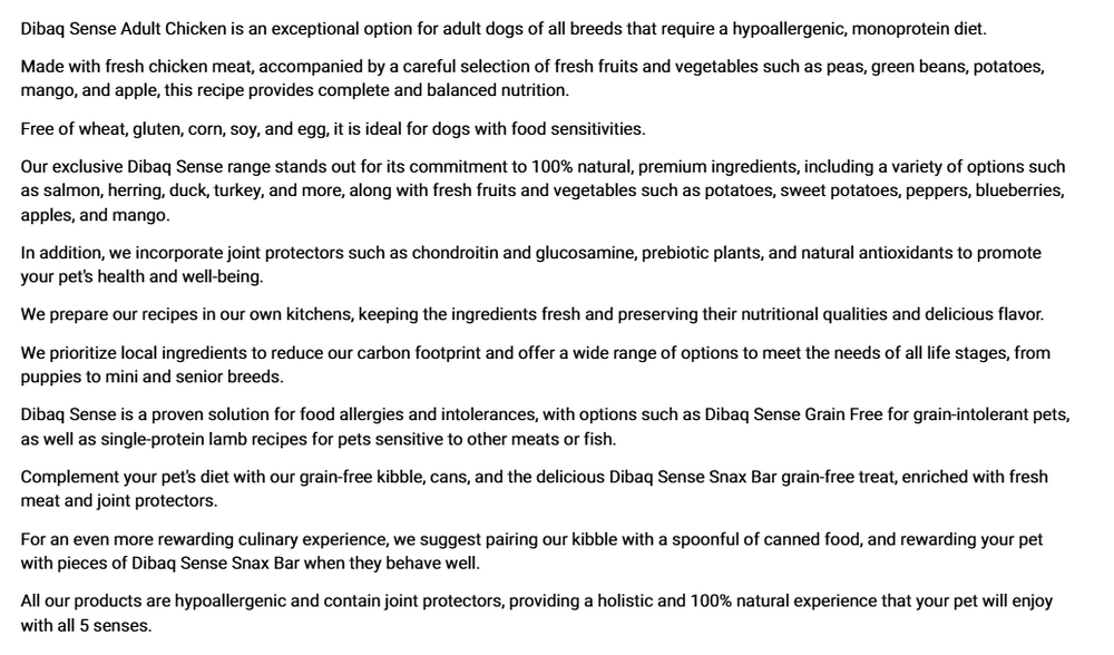Adult chicken dog food, low grain.