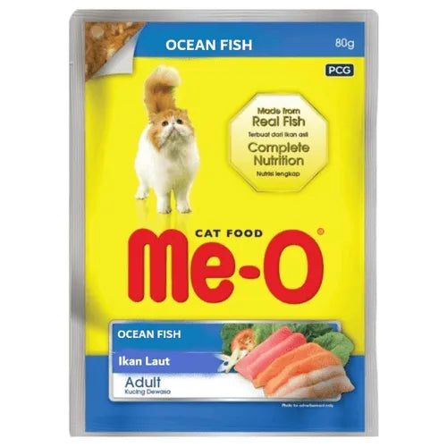 Me-O cat food package with ocean fish flavor on a yellow background