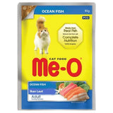 Me-O cat food package with ocean fish flavor on a yellow background