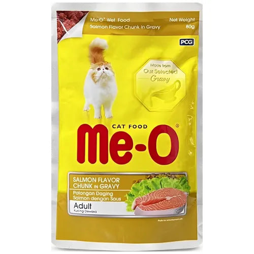 Me-O cat food package with salmon flavor chunk in gravy on a white background