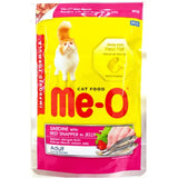 Me-O cat food package with a yellow and red design featuring a cat on a white background.