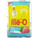 Me-O cat food package with a yellow background and colorful text.