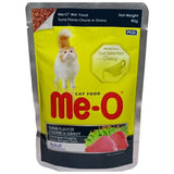 Me-O cat food package with a yellow background and cat illustration