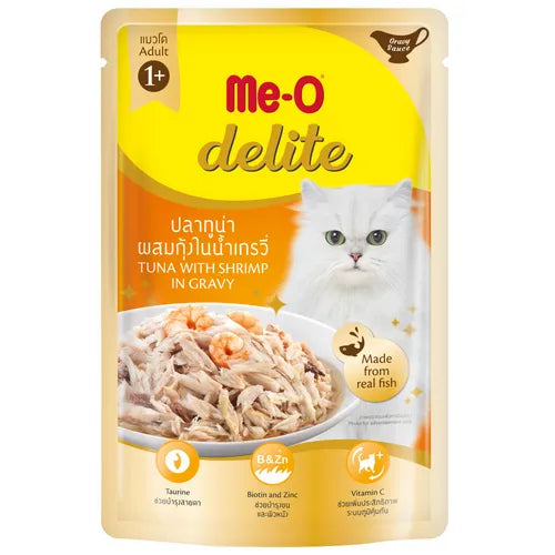 Me-O Delite cat food pouch with a white cat on a yellow background