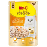 Me-O Delite cat food pouch with a white cat on a yellow background