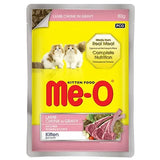 Me-O kitten food pouch with two cats on a yellow background