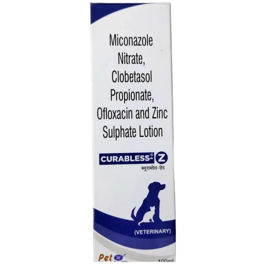 Curableless-Z veterinary lotion packaging for dogs on a white background