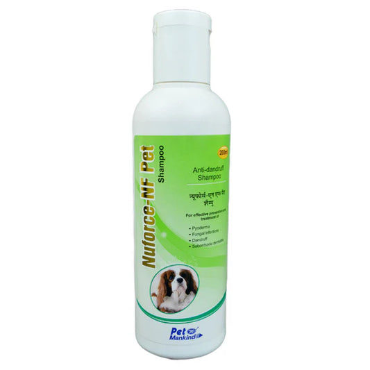 Dog shampoo bottle with green label on a white background