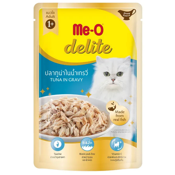 Me-O Delite cat food pouch with a white cat on the label