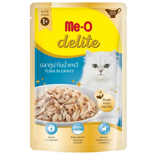 Me-O Delite cat food pouch with a white cat on the label