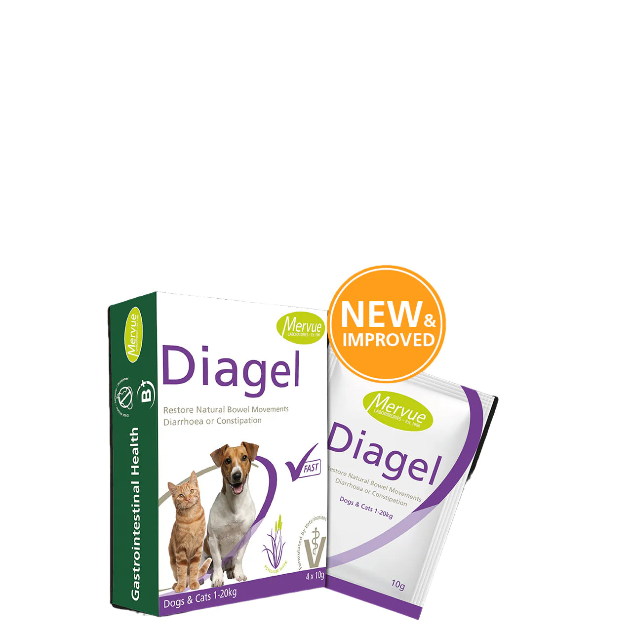 Mervue Diagel for Cats & Dogs — Constipation & Diarrhoea Gastrointestinal Supplement (Box of 4 Sachets, 10g).