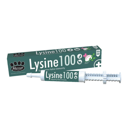A syringe and a box of Opus Pet Lysine 100 Cat Supplement, both green and white with text and branding.
