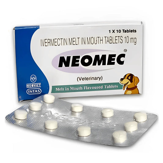Neomec ivermectin melt-in-mouth tablets packaging with tablets on a white background