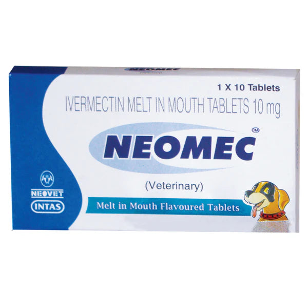 Neomec veterinary medication box for ivermectin melt in mouth tablets on a white background