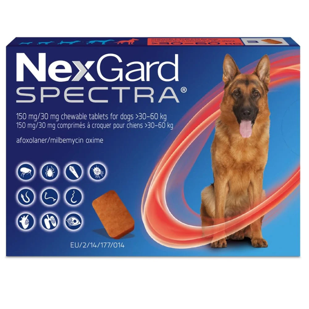 NexGard Spectra packaging for dogs with a German Shepherd on a blue background