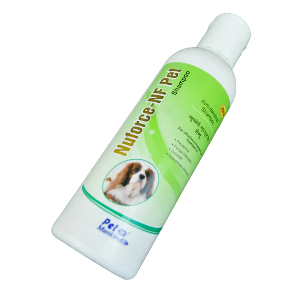 Nuforce-NF Pet Shampoo bottle with green label on a white background