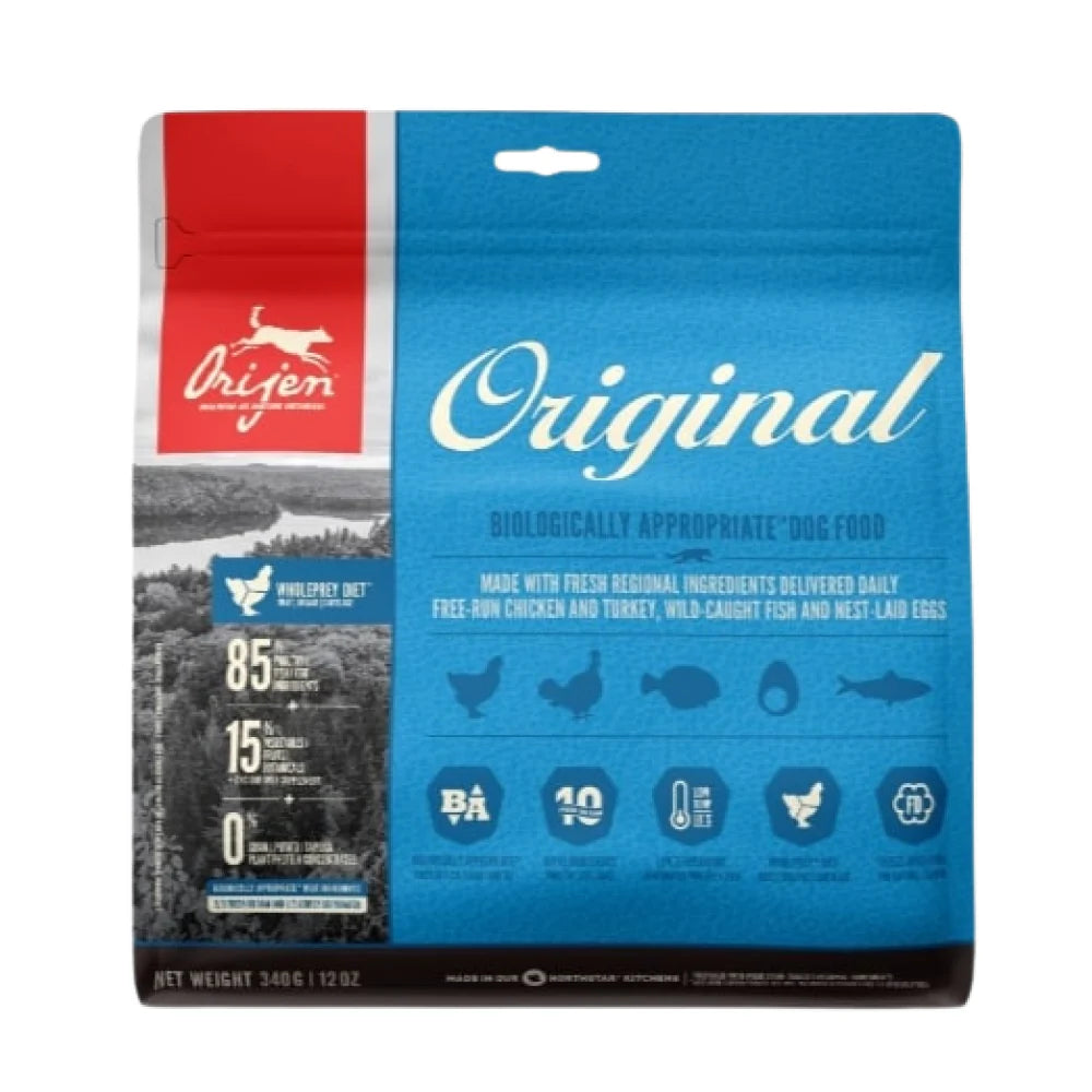Natural dog food, Orijen, with chicken, turkey, and fish, for daily natural diet.