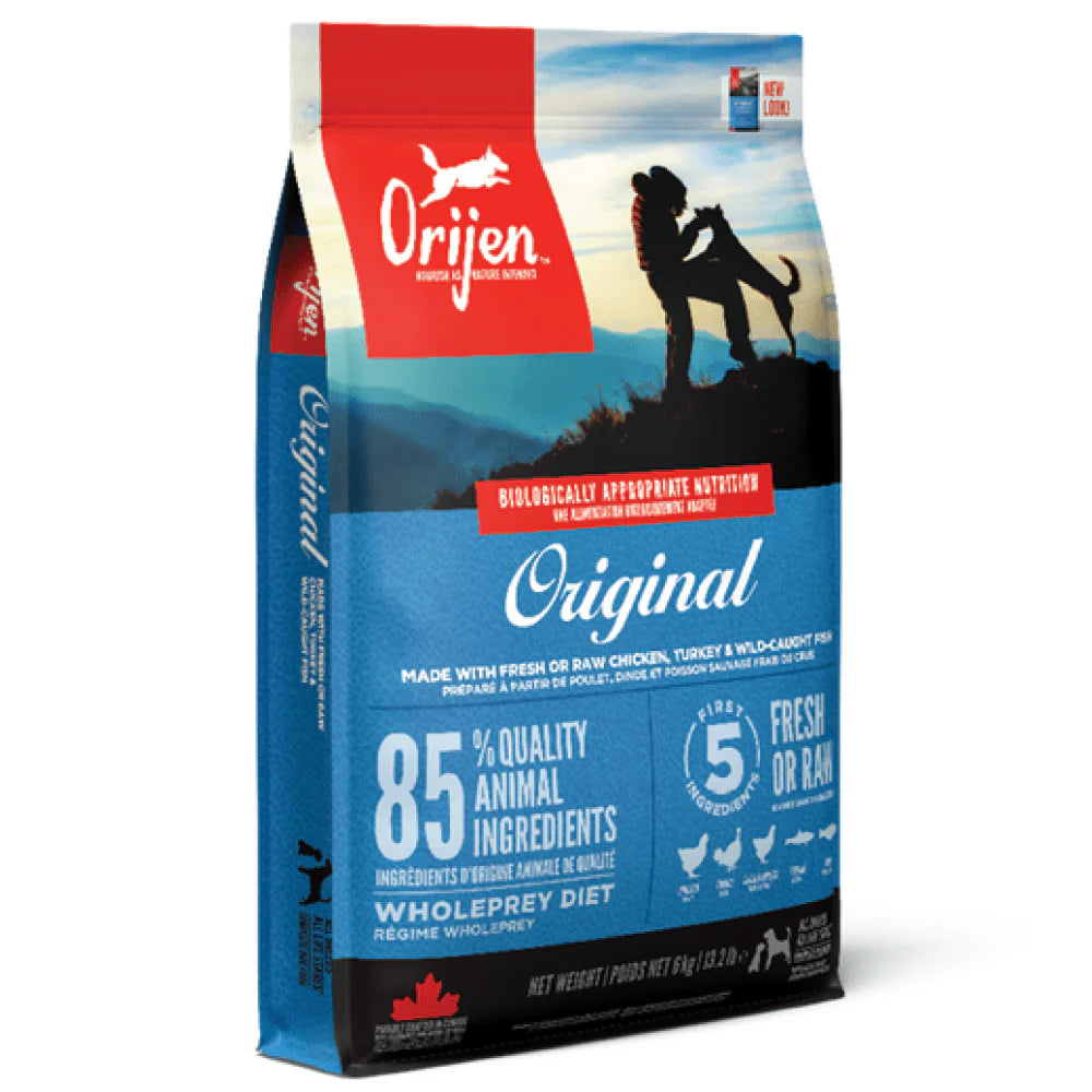 High-protein dog food, Orijen Original, for strong muscles and healthy coat, daily.
