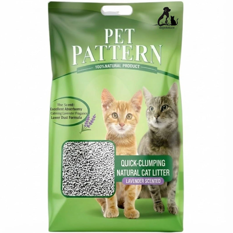 Green bag of Pet Pattern cat litter with two cats on a white background