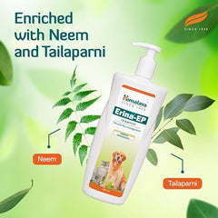 Himalaya Erina-EP shampoo bottle with neem and tailaparni on a green background