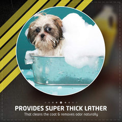 Dog in a bath with foam and text about thick lather cleaning and odor removal.