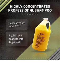 Yellow gallon container of highly concentrated professional shampoo with text on a dark background