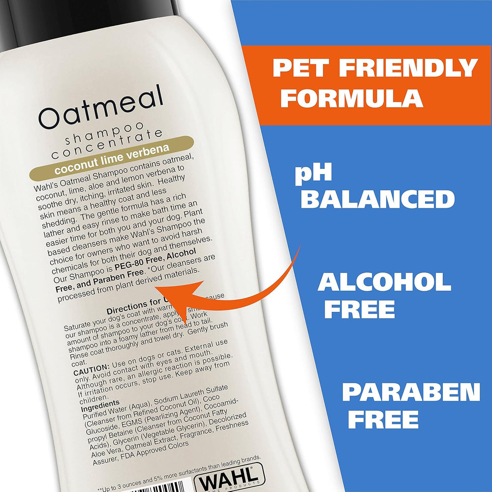 Wahl Oatmeal shampoo concentrate bottle with pet-friendly formula text on a blue background