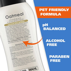 Wahl Oatmeal shampoo concentrate bottle with pet-friendly formula text on a blue background